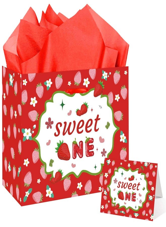 GOLDCROW Berry First Birthday Gift Bag Red Strawberry 1st Birthday Gift Wrap Bag with Tissue Paper and Birthday Card with Envelope Strawberry Themed First Sweet One Birthday Paper bags - Image 1